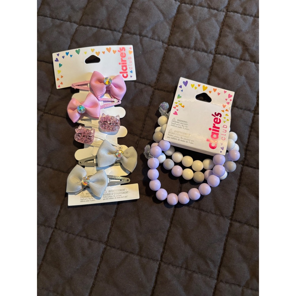Claires Club Kids Hair Clip and Bracelet Set Pink Bows Glitter Cats 9pc NWT